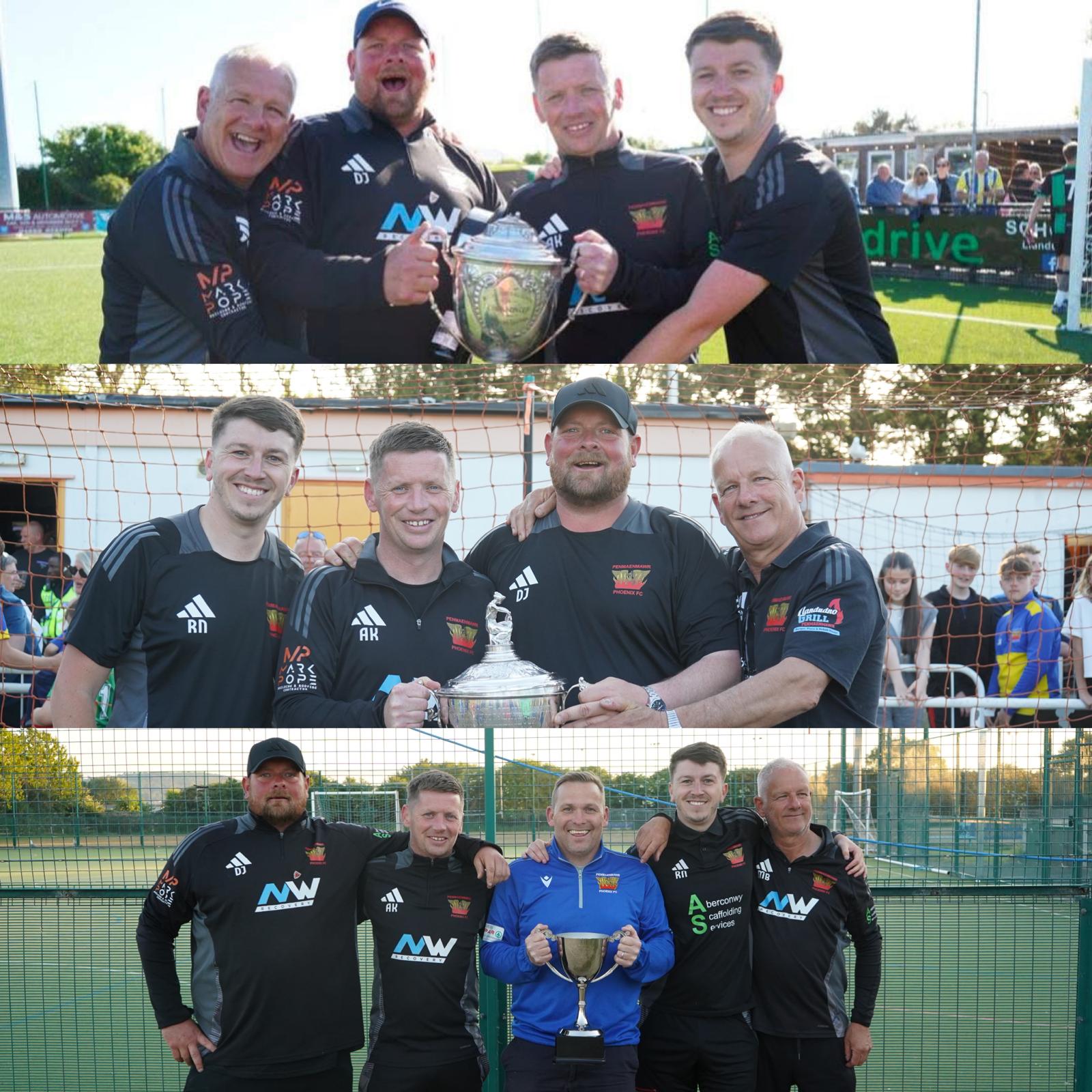 Three photographs of Dion Jones and fellow Phoenix coaches celebrating senior trophies