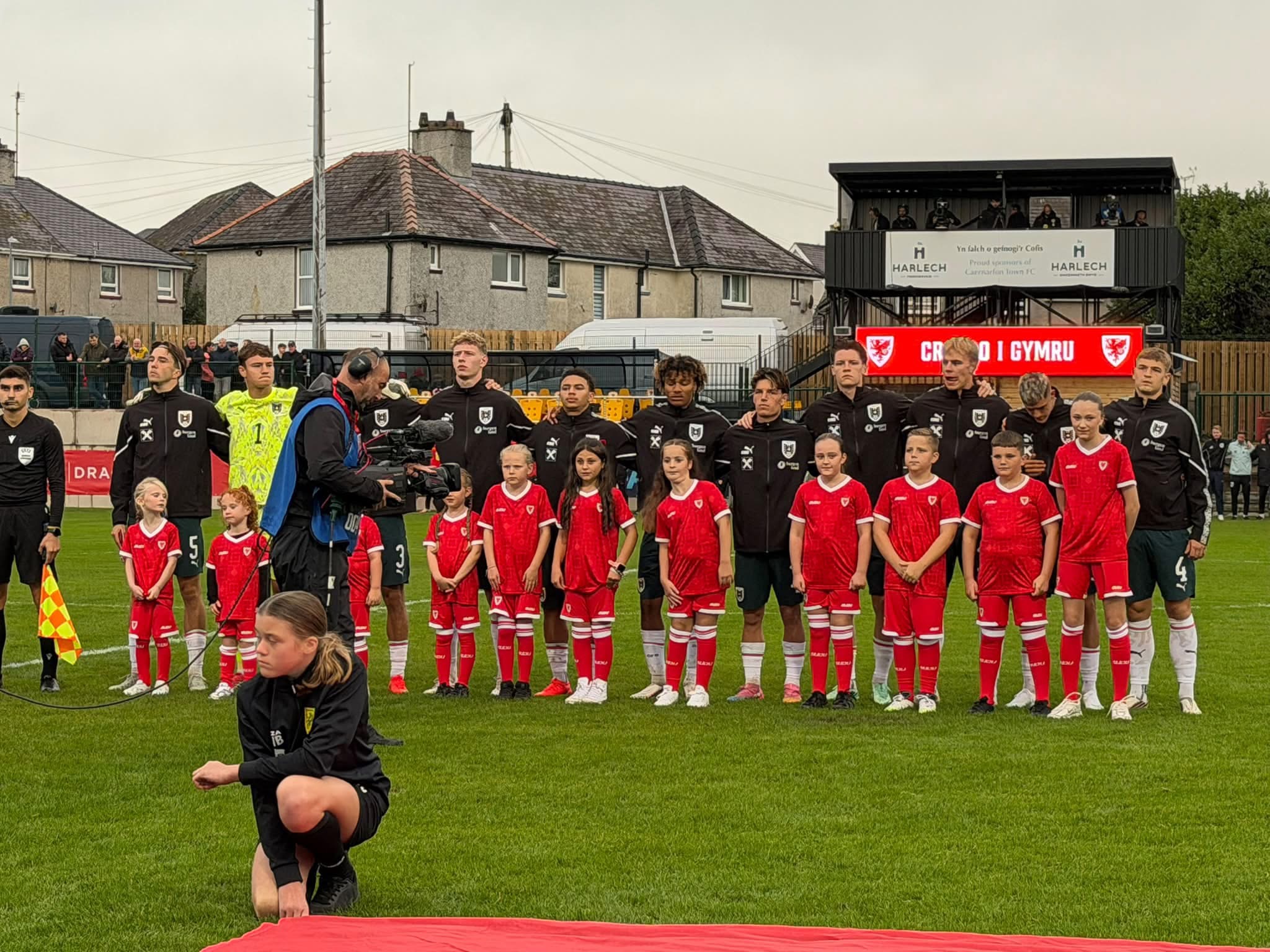 Mascots lined up with players before Wales U21 played Austria U21